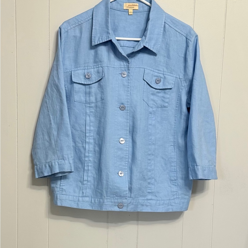 Light Blue Linen Jacket with 3/4 Sleeve
